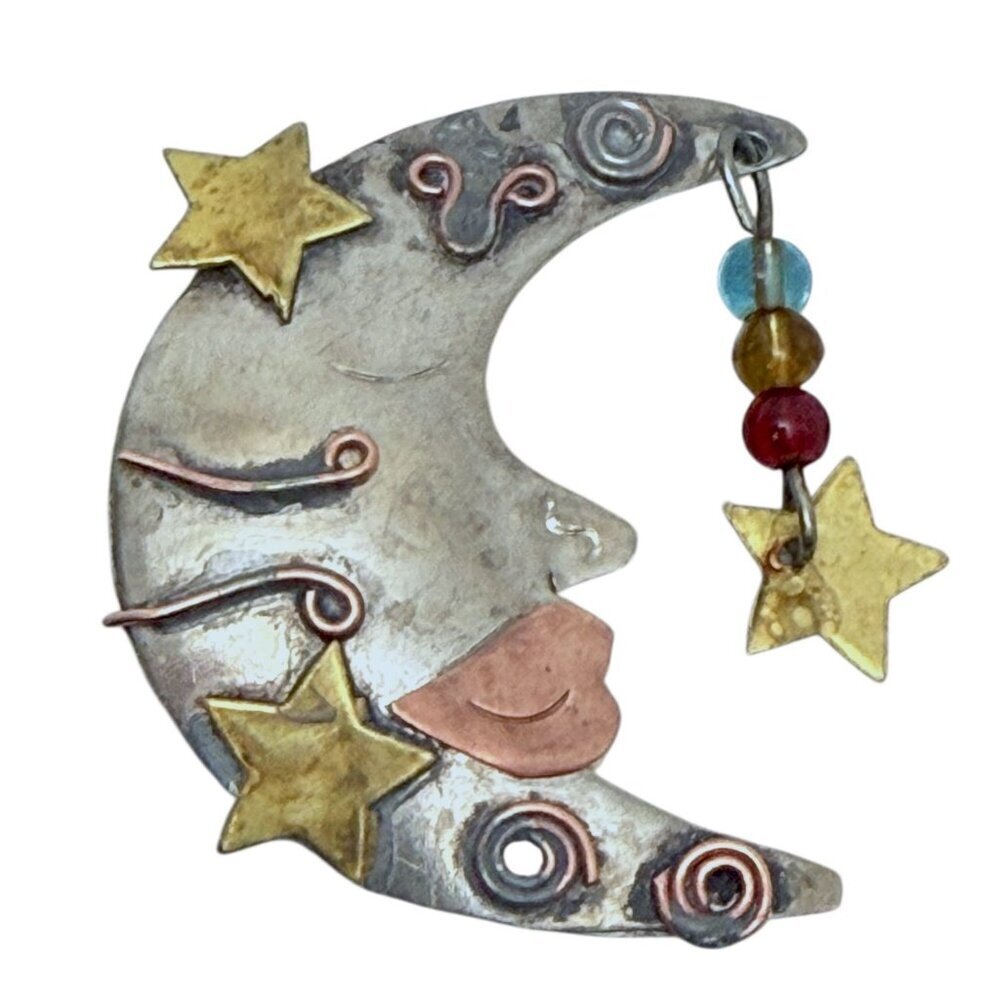 Half Moon Brooch Silver Tone Metal Whimsical Pin Artisan Star Dangle Mixed